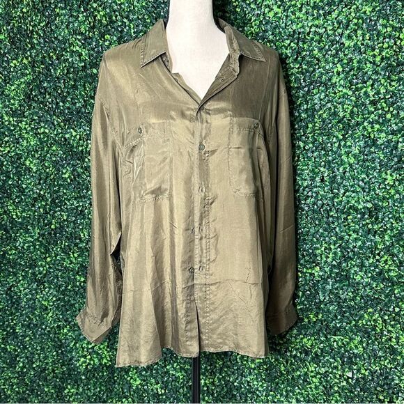 Vintage Olive Green 100% Silk Soft Button Down Top Sz Medium - Picture 2 of 5
